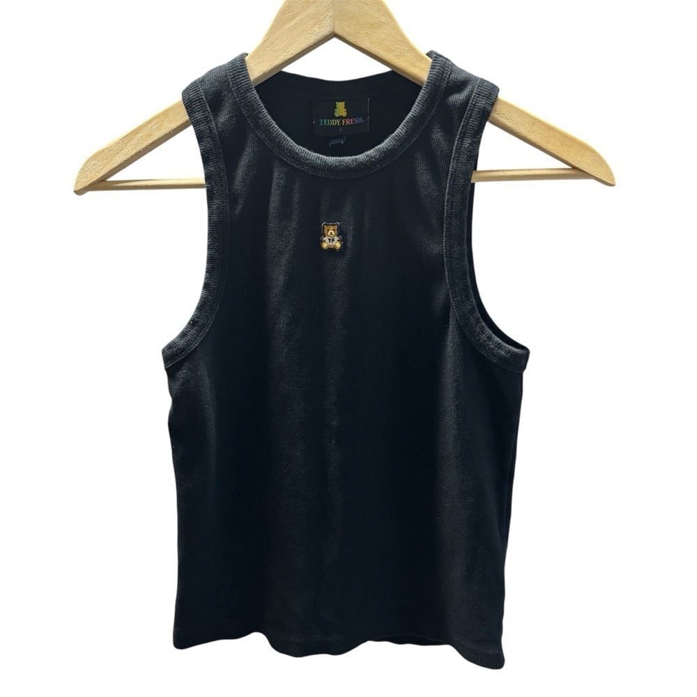 Teddy Fresh Black Ribbed Tank Top Bear Logo Women’s Size L